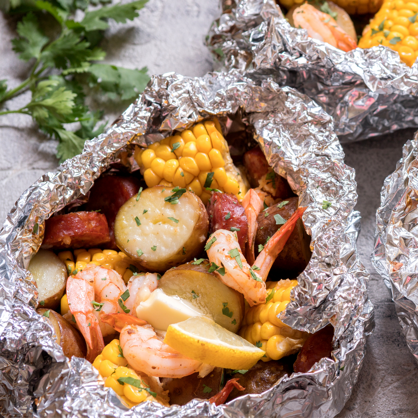 Shrimp Boil (with pork sausage, shrimp, corn, and potatoes)