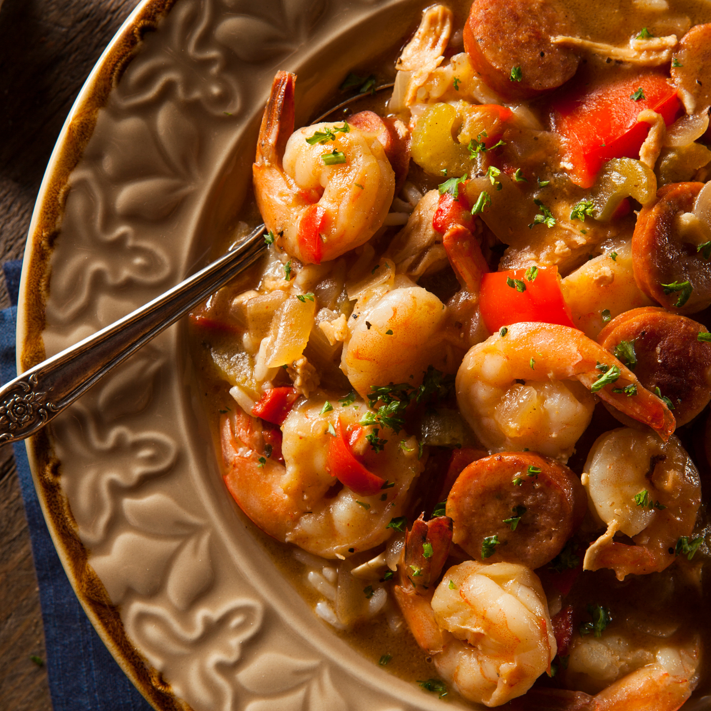 Spicy Garlic Shrimp (with sausage, mashed potatoes, and corn)