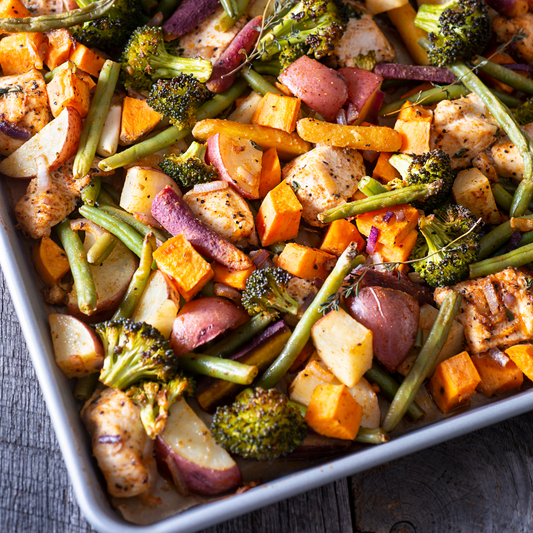 Sheet Pan Chicken (with sausage, roasted potatoes, seasonal veggies)